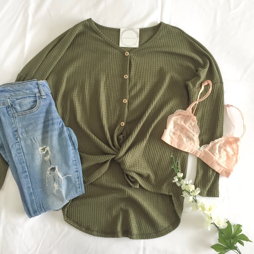 NWT Olive Green Waffle Button Down Long Sleeve - Picture 4 of 4